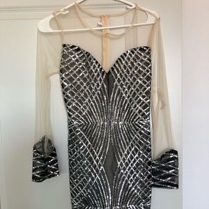 Mini prom dress sheer black silver sparkle size s